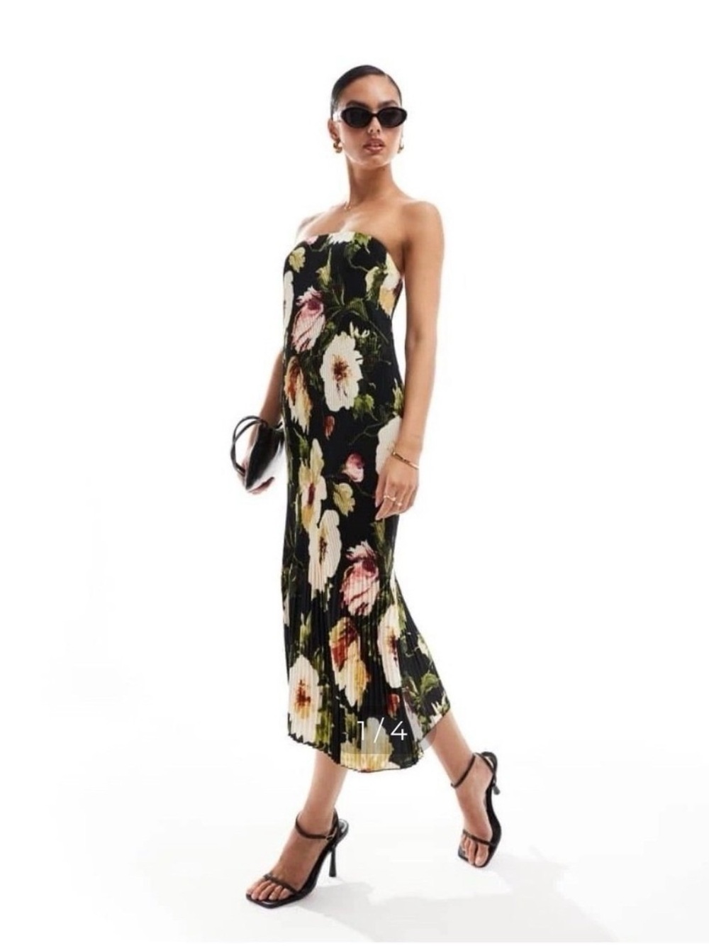 Abercrombie & Fitch Black Strapless Floral Pleated Midi Dress